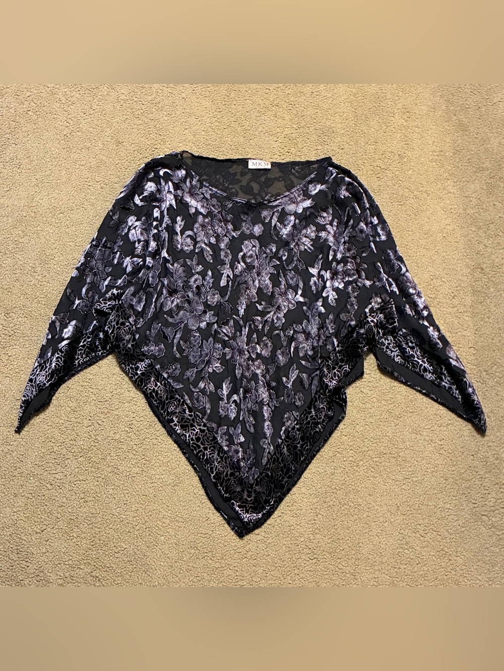 Velvet MKM Burnout Lace Poncho Wrap Black OS Boho Whimsy Cropped Satin Sheer Top